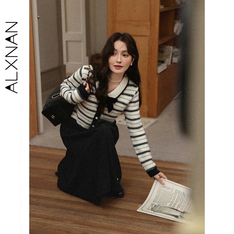 ALXNAN حجم كبير سترة مخططة القوس الخامس الرقبة واحدة الصدر المرأة محبوك سترة 2025 خريف شتاء فضفاضة تناسب القمم D57521 #4