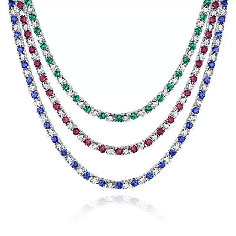 

Ожерелье-цепочка для тенниса 3 мм, сапфир, изумруд, рубин, высокоуглеродистые бриллианты, драгоценные камни, стерлинговое серебро 925 пробы, круглая огранка, модные ювелирные изделия