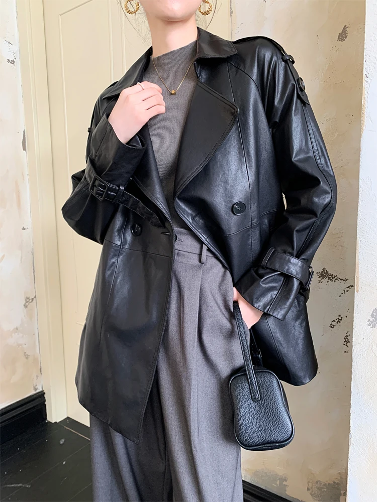 

Lace-up Genuine Leather Windbreaker Jackets for Women Spring Autumn 2026 New High-end Simple Soft Black Real Sheepskin Coat