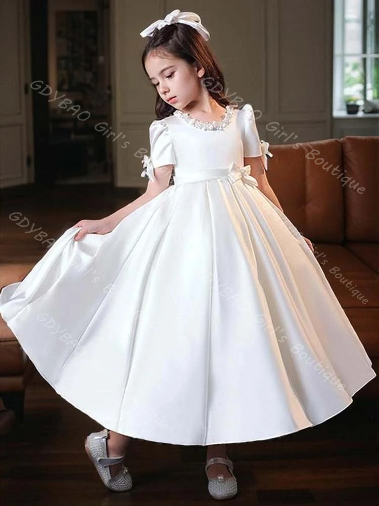 

Girls Princess Dress Round Neck Short Sleeve Tea-Length Satin Flower Girl Dress With Belt/Sash Kids Custom First Communion Gown
