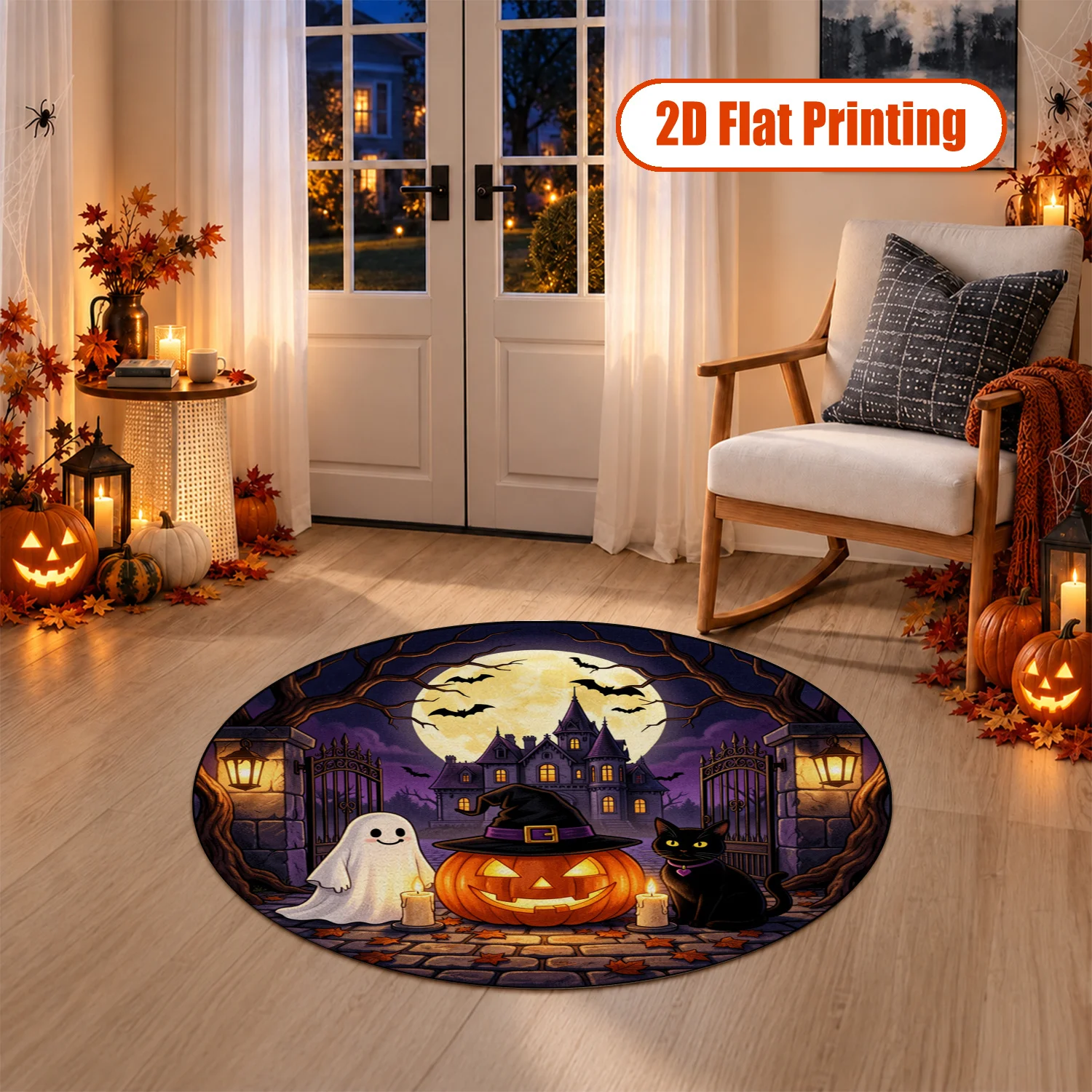 Halloween Haunted Mansion Ghost Pumpkin Bat Black Cat Design Round Velvet Rug Machine Washable for Living Room Dining Area Entryway Thanksgiving Black Friday Christmas New Year