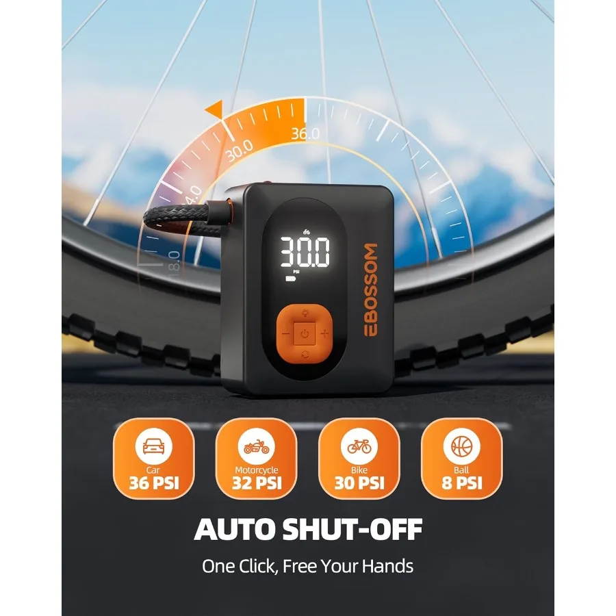 เครื่องอัดอากาศไร้สายแบบพกพาพร้อมจอแสดงผลค่าคู่แบบดิจิตอลและไฟ LED สำหรับเติมลมยางรถยนต์ จักรยาน และรถจักรยานยนต์