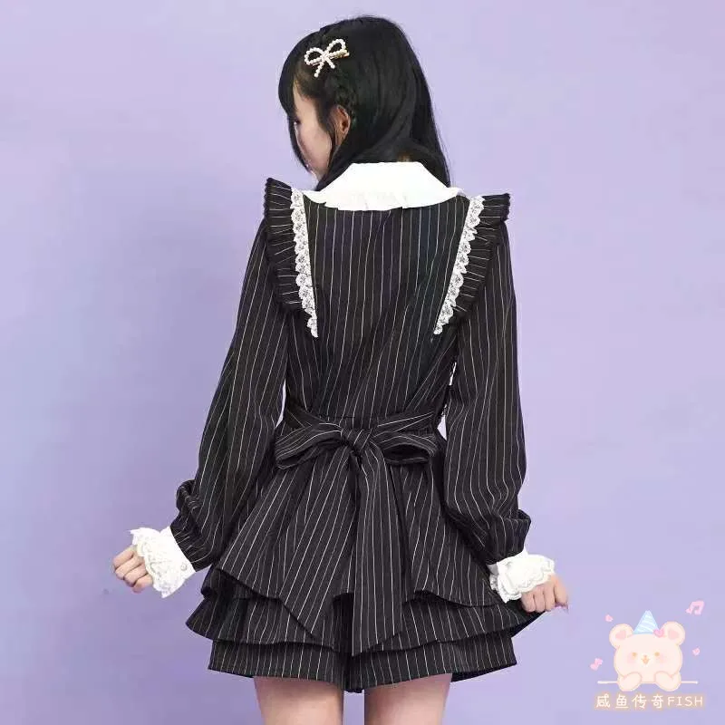 اليابانية الألغام نمط الإنتاج الضخم دمية طوق القوس طويلة الأكمام لوليتا فستان قصير مخطط عالية الخصر السراويل قطعتين مجموعات النساء