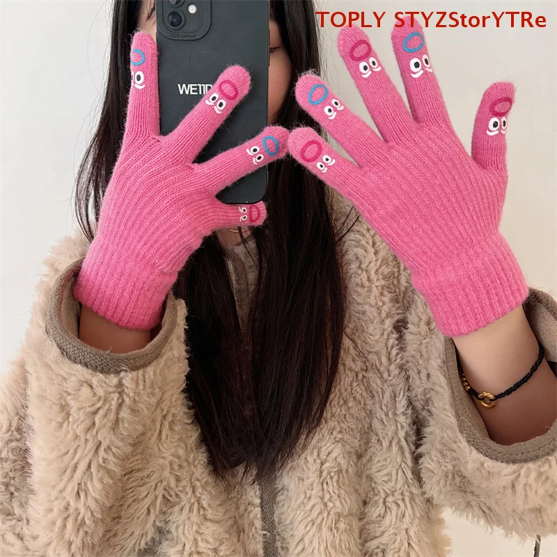 

Пара женских забавных перчаток с эмодзи; Мягкие вязаные варежки с мультяшными выражениями, перчатки для вождения с полными пальцами