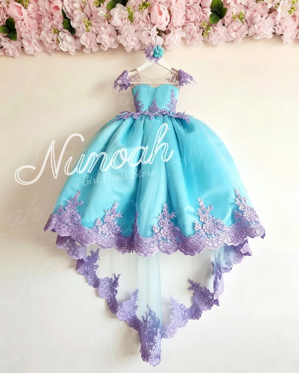 Flower Girl Dress For Wedding with Trail Pearls Lace Applique Floor Length Girl Birthday Party First Communion Gowns Customized