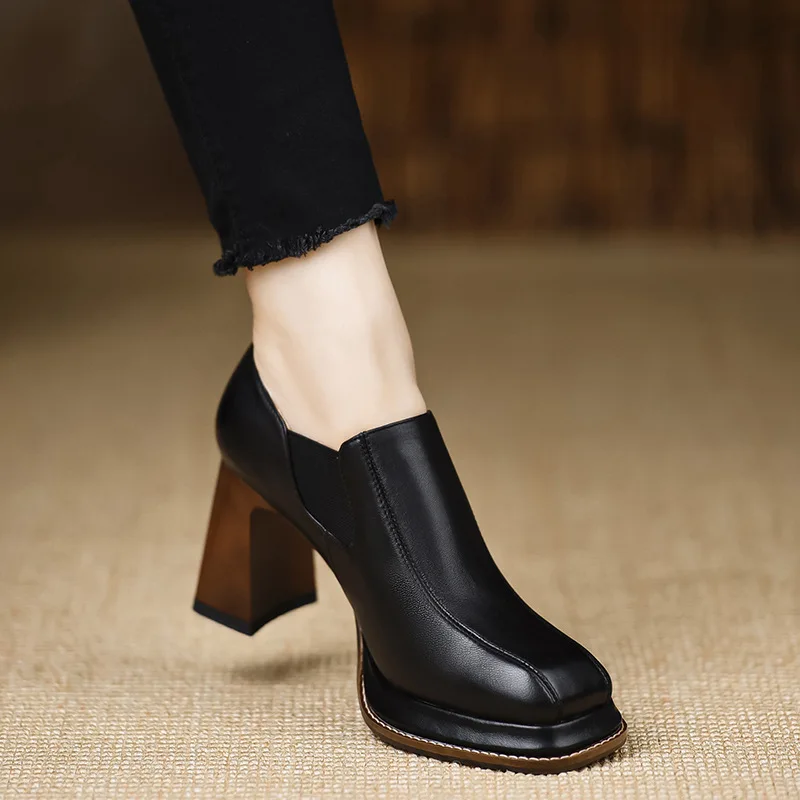 

Retro Thick Soled Waterproof Platform High Heels Women Coarse Heels Spring New Style Non Tiring Deep Square Head Shoes