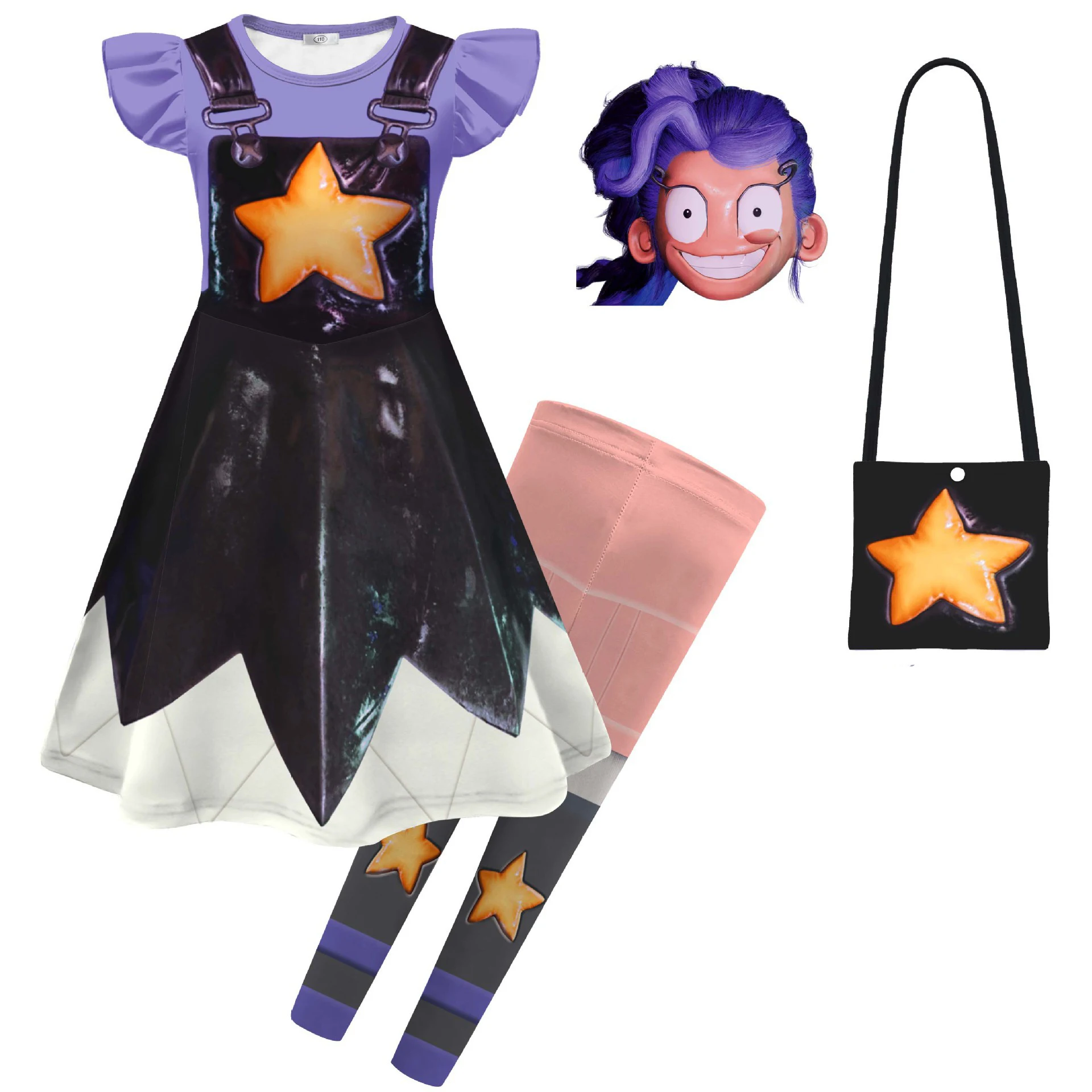 

Horror Game Play Time Lily Cosplay Kids Anime Star Print Cosplay Costume Set, Girls Dress with Leggings & Bag, Halloween Outfit