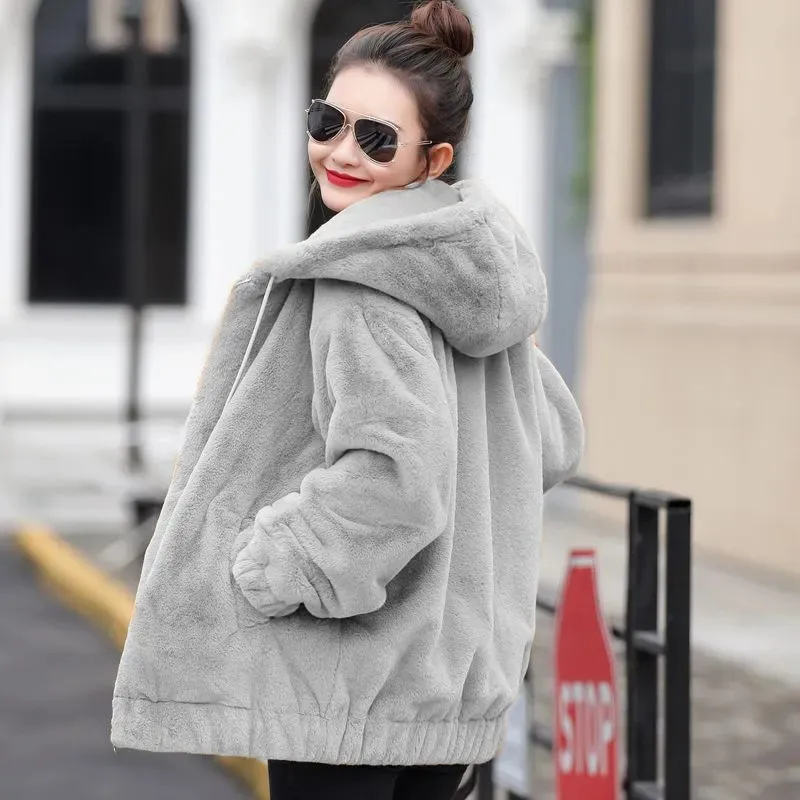 High-End Faux Fur Coat Fashion Add Velvet Thicken Rabbit Fur Hooded Women's Jacket 2023 NEW Autumn Winter Warm Casual Outerwear