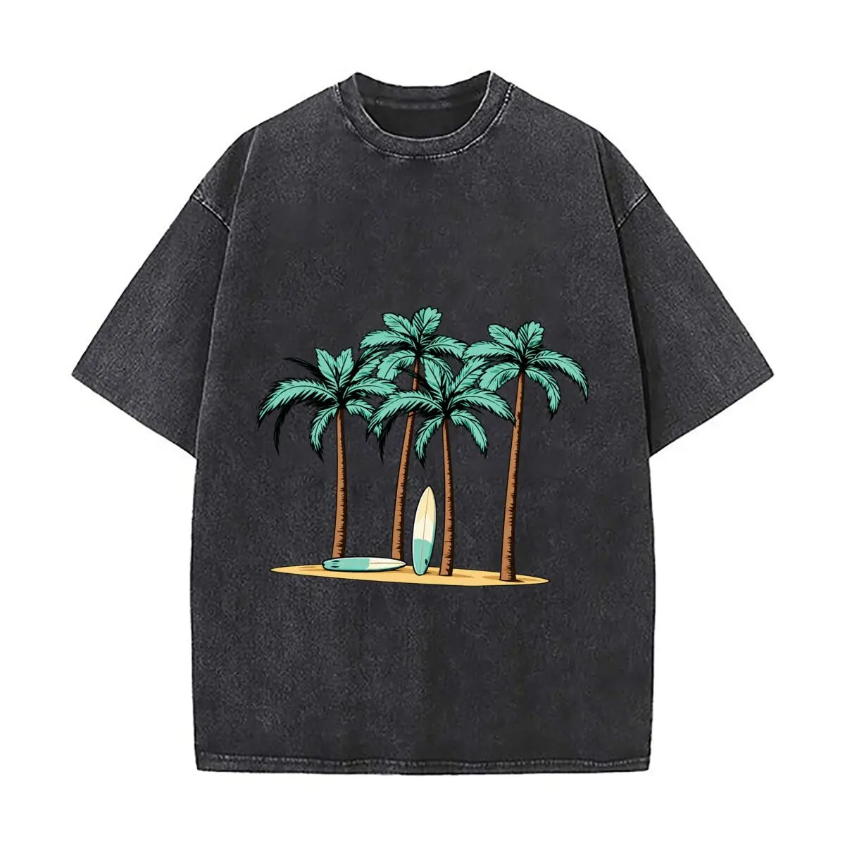 Tropical Palm Trees With Two Surfboards Beach Scene Vintage Distressed Loose Streetwear Tops