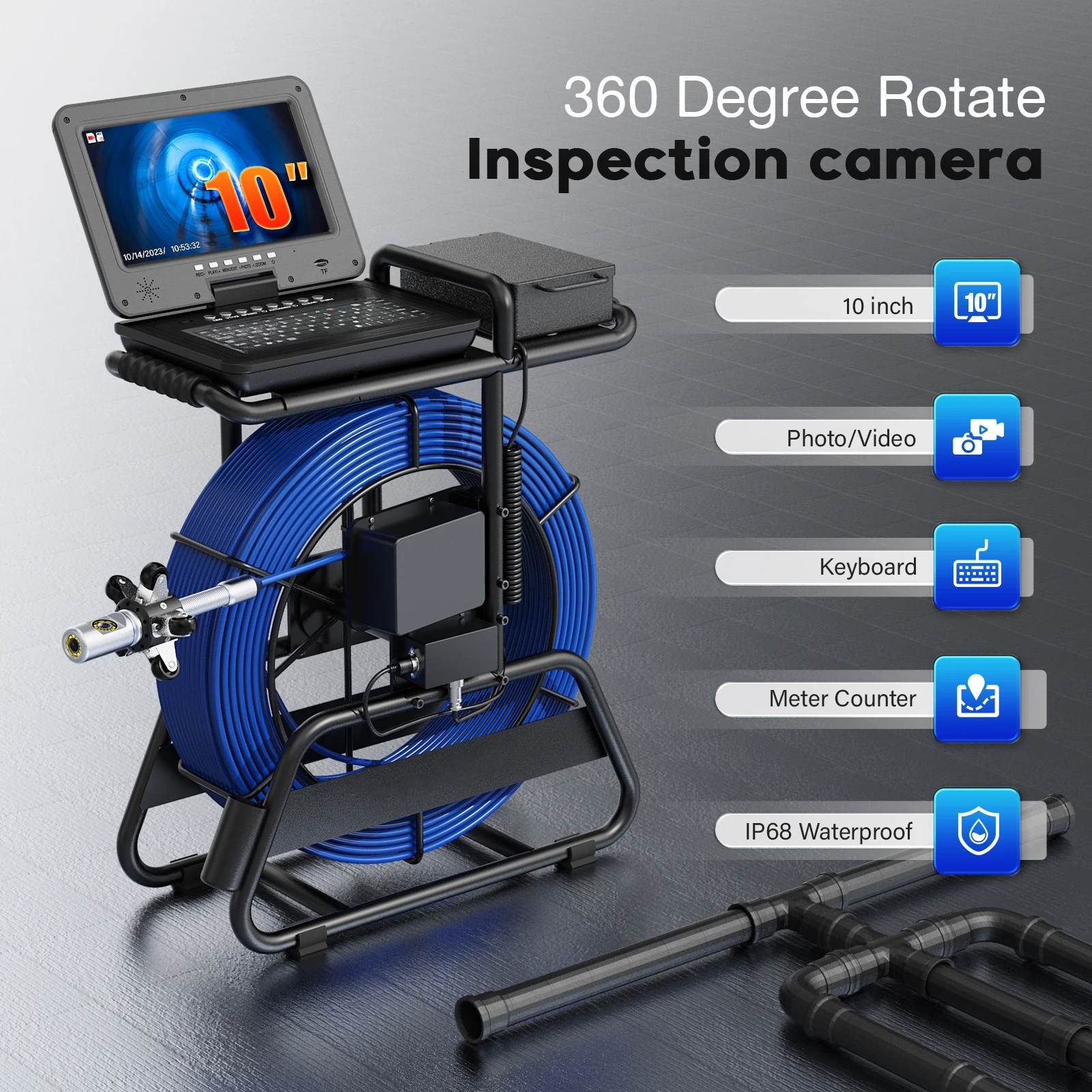 10" IPS 360° Rotating 60MM Sewer Camera with 512Hz Transmitter 50-100M 7mm Cable 4500mAH Battery Industrial Endoscope with DVR