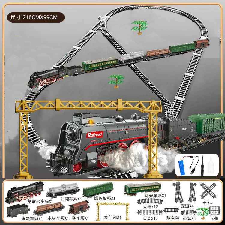 Simulação clássica do carro ferroviário de trem de controle remoto com fuma, luzes, som, carros de carga e faixas, trilhos, trem de brinquedo elétrico