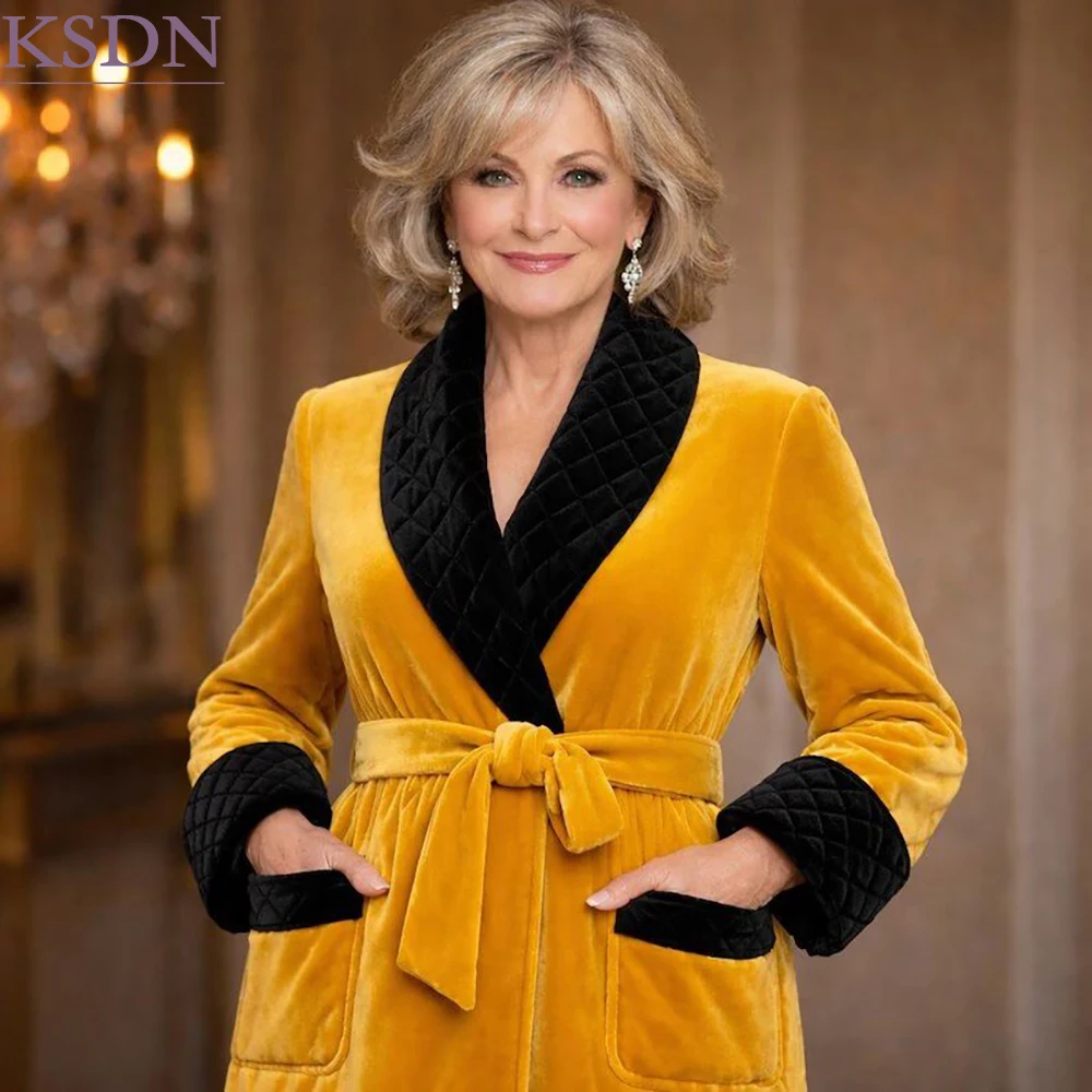 Casual Daily Yellow Velvet Women's Overcoat Fashion Daily Belted Jacket ustomzied Black Shawl Lapel 1 Piece Outfits