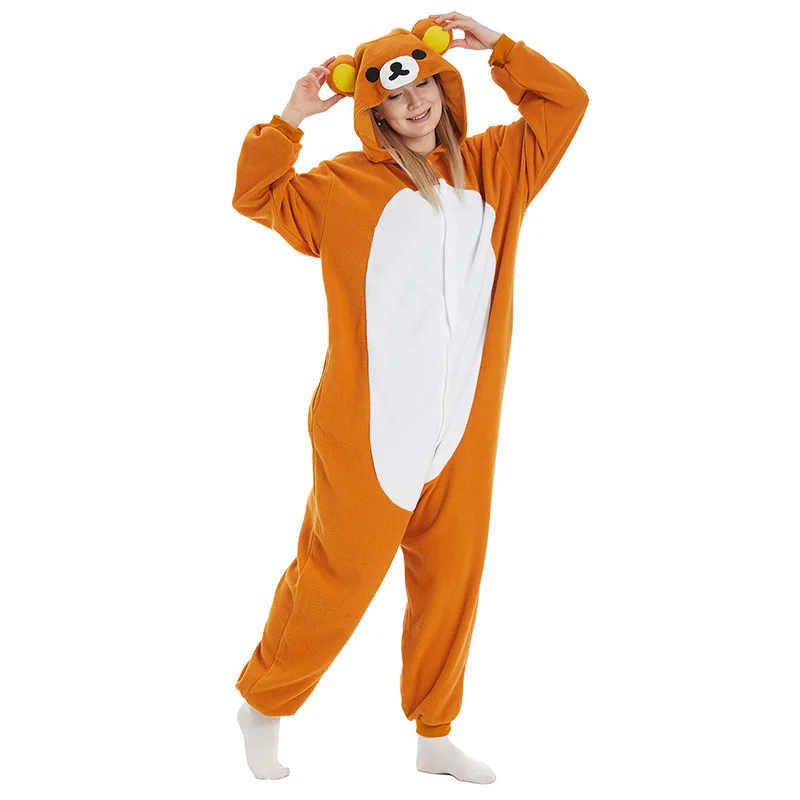 Polar Fleece Animal Kigurumi Rilakkuma Bear Adults Onesies Pajamas Women Jumpsuit  Men\'s Sleepwear for Halloween Carnival Party