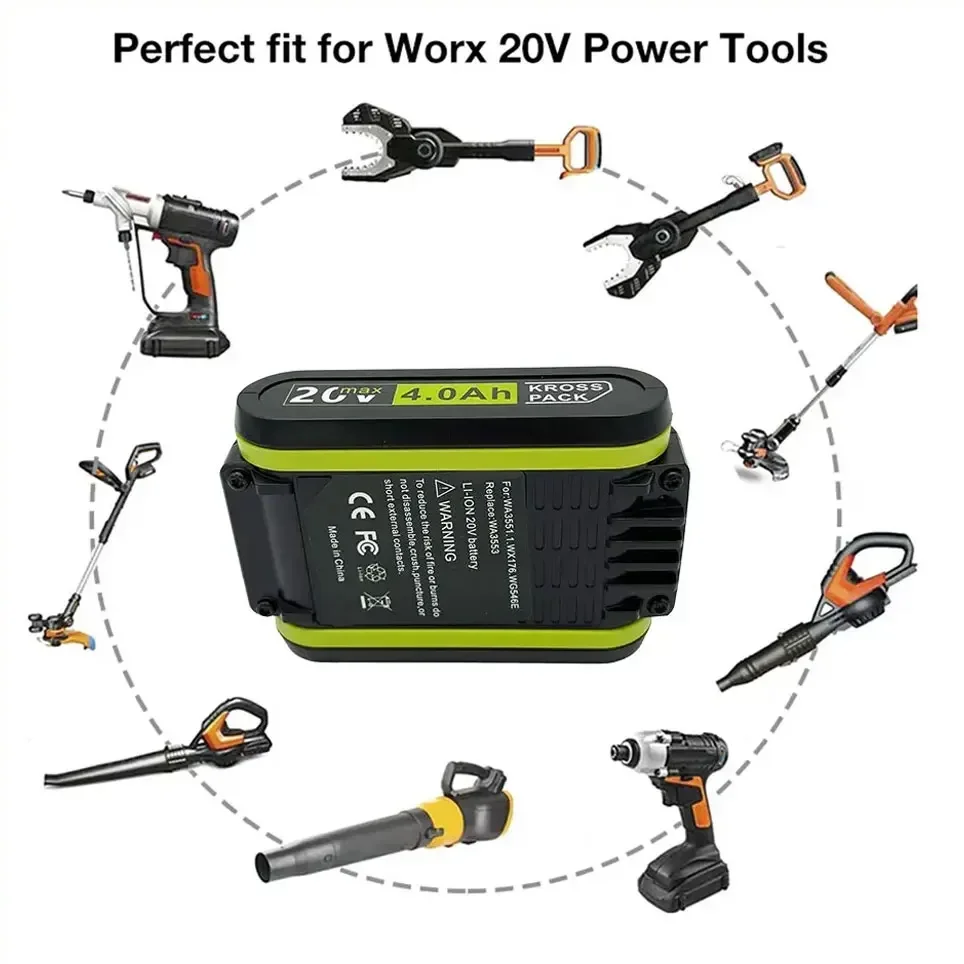 Voor Worx Nieuwe Power Tools Oplaadbare Vervangende Batterij 20V 4.0Ah Lithium voor Worx WA3551 WA3553 WX390 WX176 WX178 WX386 WX678