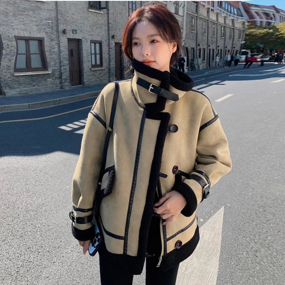 

Бархатное замшевое мотоциклетное плюшевое пальто с ягненком для женщин, осень-зима, новые свободные нишевые утепленные пальто, женские хлопковые куртки на молнии, топ