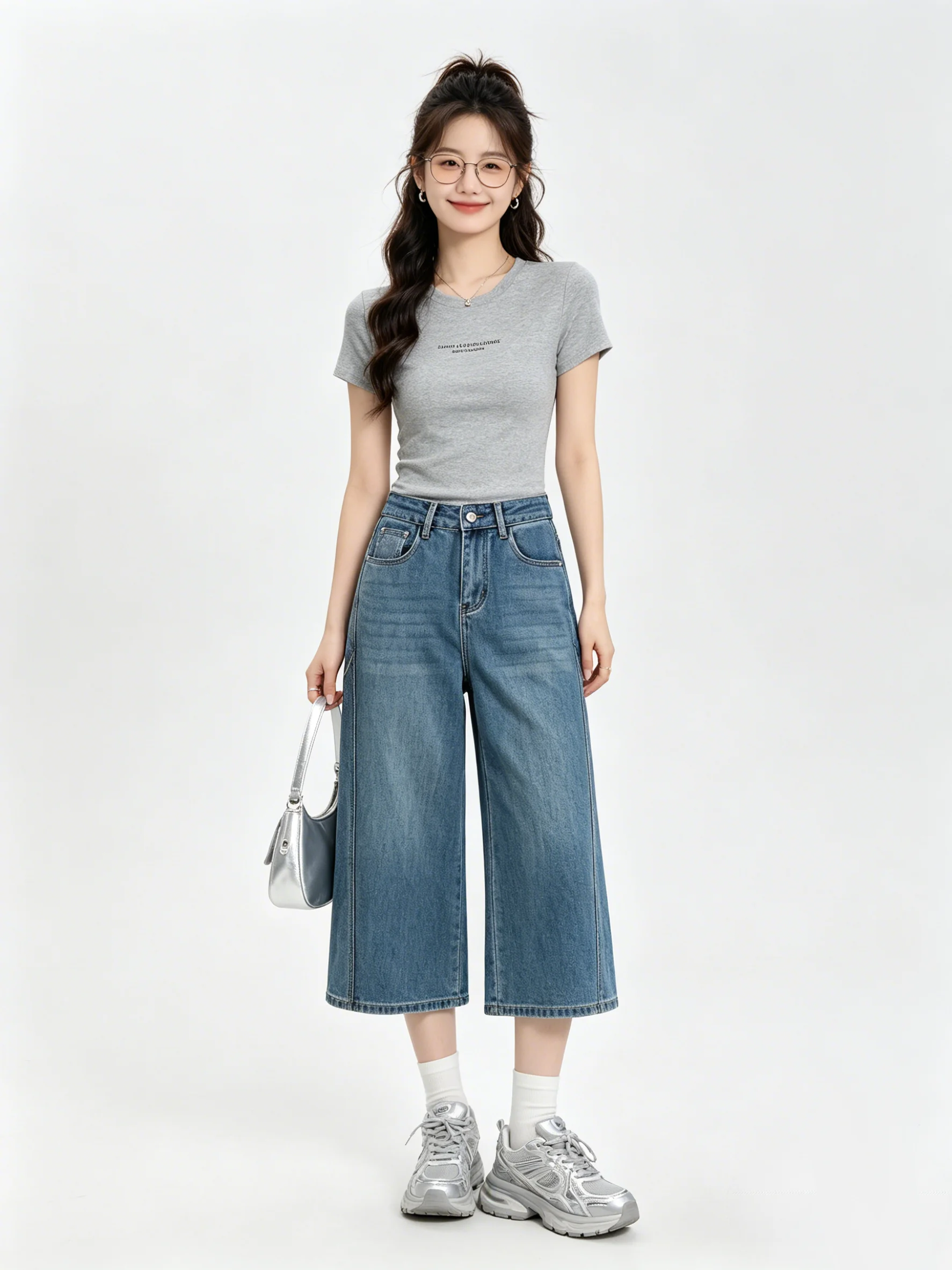 High Waist Wide Leg Denim Jeans Vintage Washed Draped Skin-friendly Summer Loose Slimming Versatile Capri Pants New Style