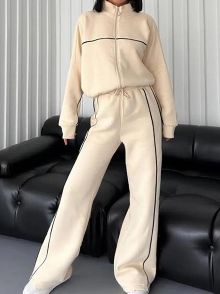 

Fashion Patchwork Two Piece Outfits Woman Casual Sports Long Sleeve Zip Tops+High Waist Pants Sets For Female Streetwear Clothes