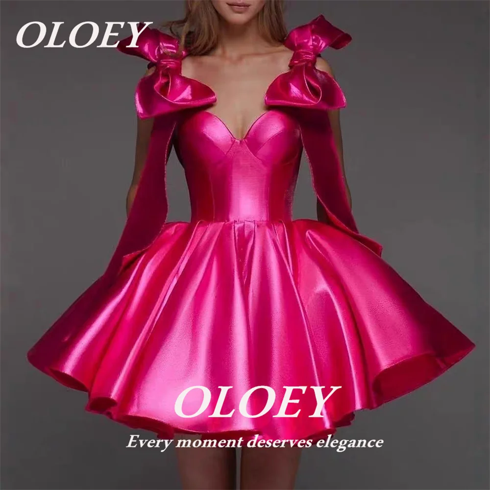 OLOEY Sexy Sweetheart Mini Prom Cocktail Dresses Ribbon Bow Sleeves Pleated Satin Evening Dress Customized Wedding Party Dress