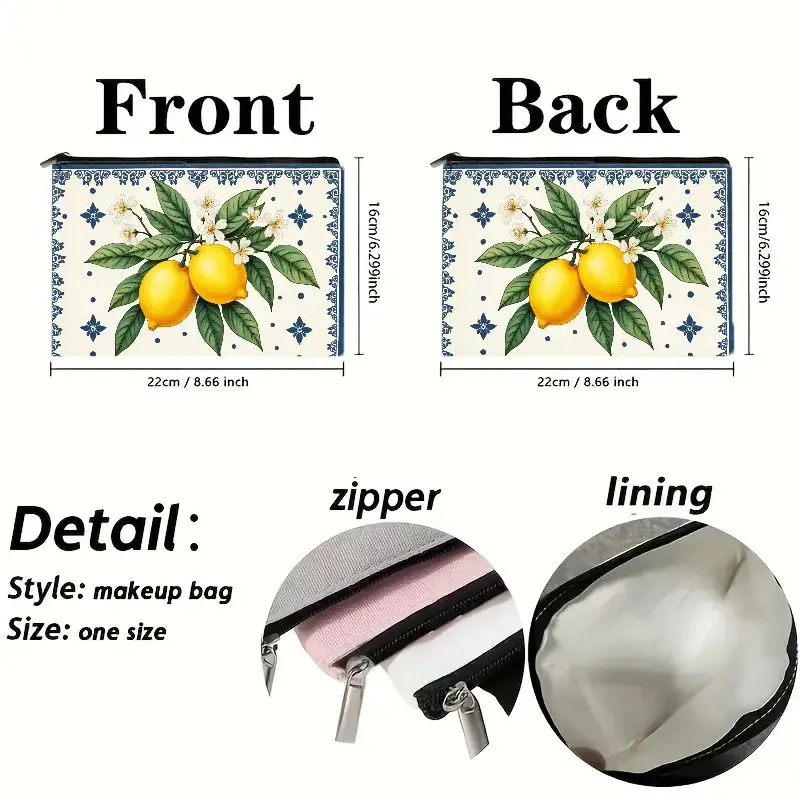 Lightweight Cosmetic Pouch Featuring Lemon and Floral Design Equipped with a Zipper Closure Perfect for Travel and Everyday Use