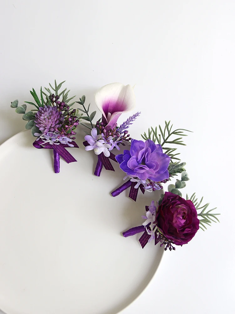 GT Corsages de seda para decoración de boda, ramillete de muñeca rosa, alfiler, flores púrpuras para invitados