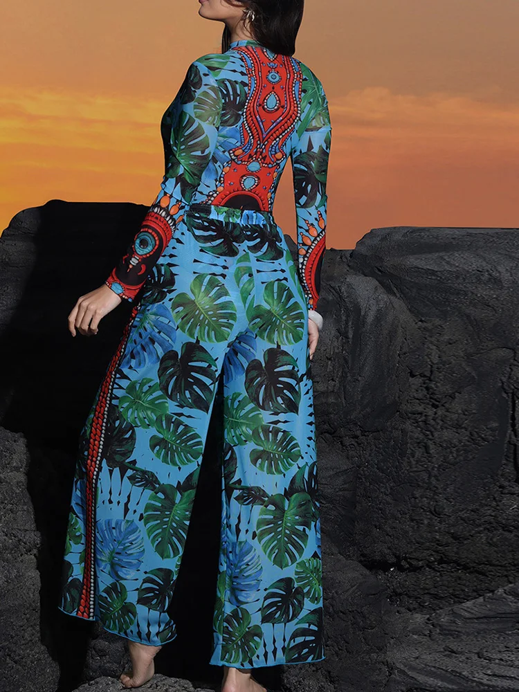 Long Sleeve Zip Front One Piece Swimsuit with Pants Tropical Leaf Print Rash Guard Sun Protection Swimwear Set Smart Beachwear