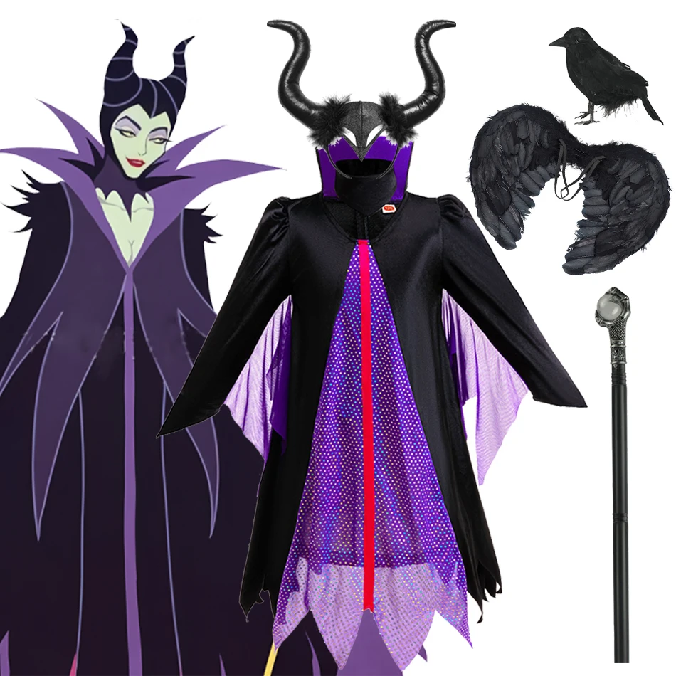Conjunto de disfraz de maléfica para niñas con diadema de cuerno, alas brillantes, varita mágica, vestido de villano de Disney para fiesta de disfraces de Halloween