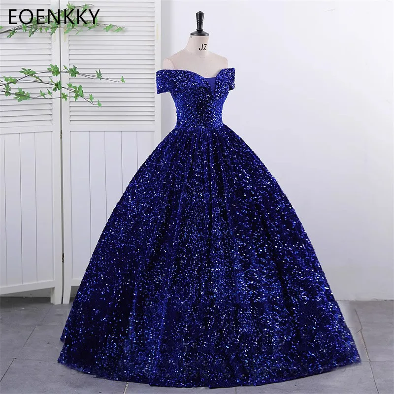 Customized Women's Evening Dresses Sparkling Squin Off Shoulder Short Sleeved A-line Ball Gown Formal Wedding Party Dresses