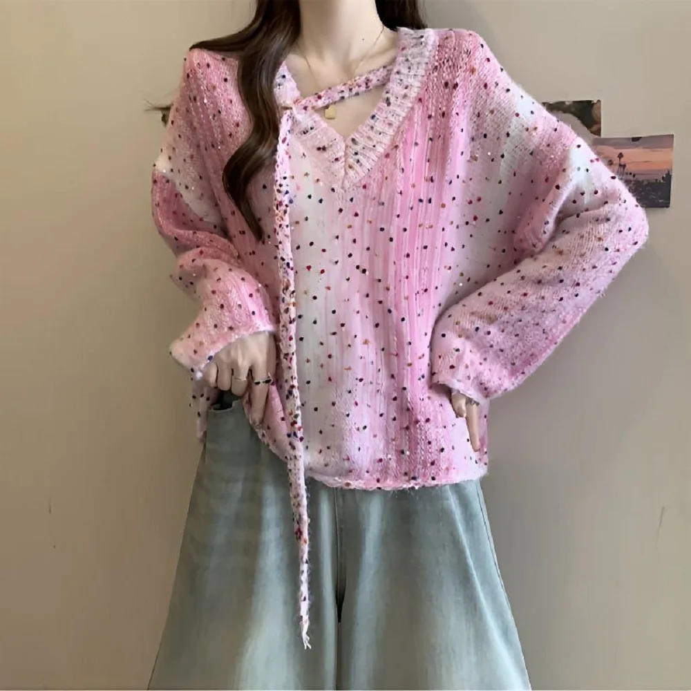 

French color dot V-neck knitted sweater women 2025 autumn winter new niche design loose fashionable top