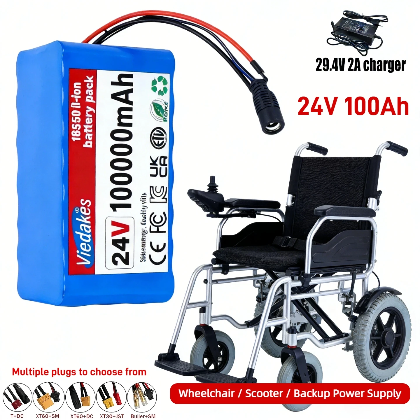 

7s3p Battery 24V 100Ah 18650 Lithium Rechargeable Battery Pack + Charger, Fit for Electric Wheelchair Scooter Mobility Scooter