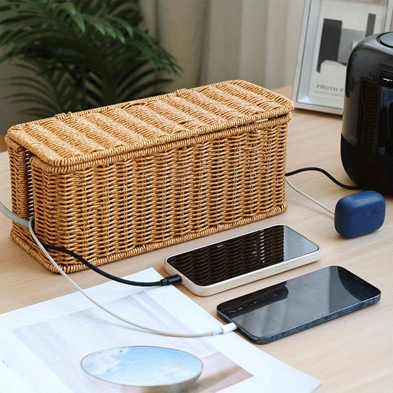 Hand-Woven Rattan Cable Organizer Box - Durable Imitation Vine Material, Multi-Compartment Storage for Power Cords, Data Cables view 2