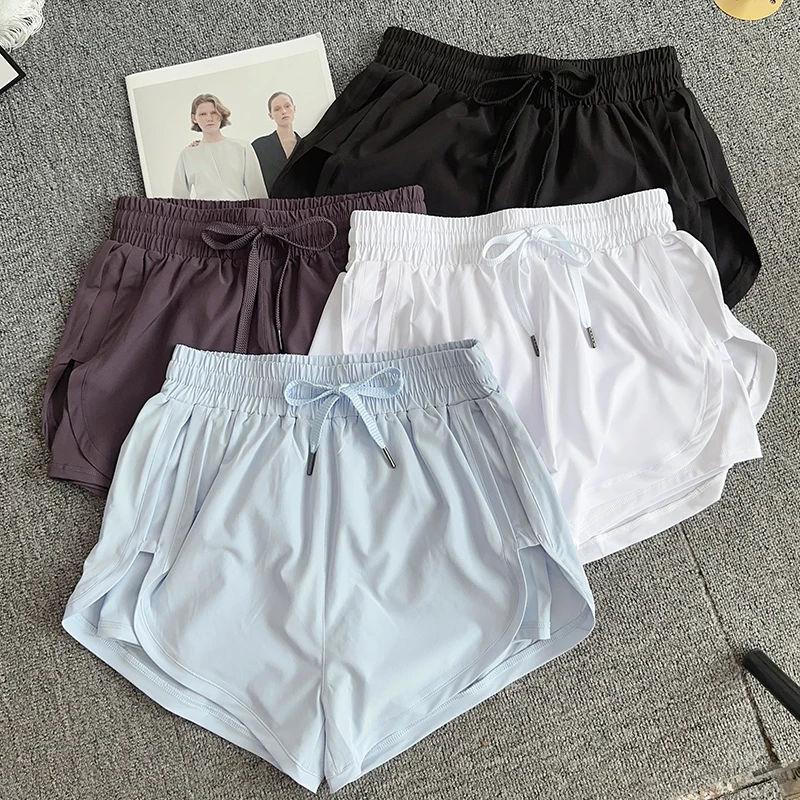 Pantalones cortos de entrenamiento de cintura alta para mujer, pantalones cortos transpirables de doble capa con bolsillos laterales para ocio al aire libre, pantalones cortos de Yoga para Fitness
