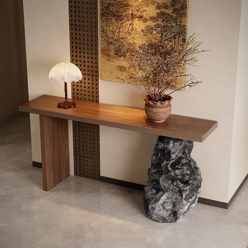 طاولة مدخل من الخشب الصلب بالكامل على الطراز المتوسط القديم، طاولة مدخل ممر إن ترانس، حجر تقليد للفيلا