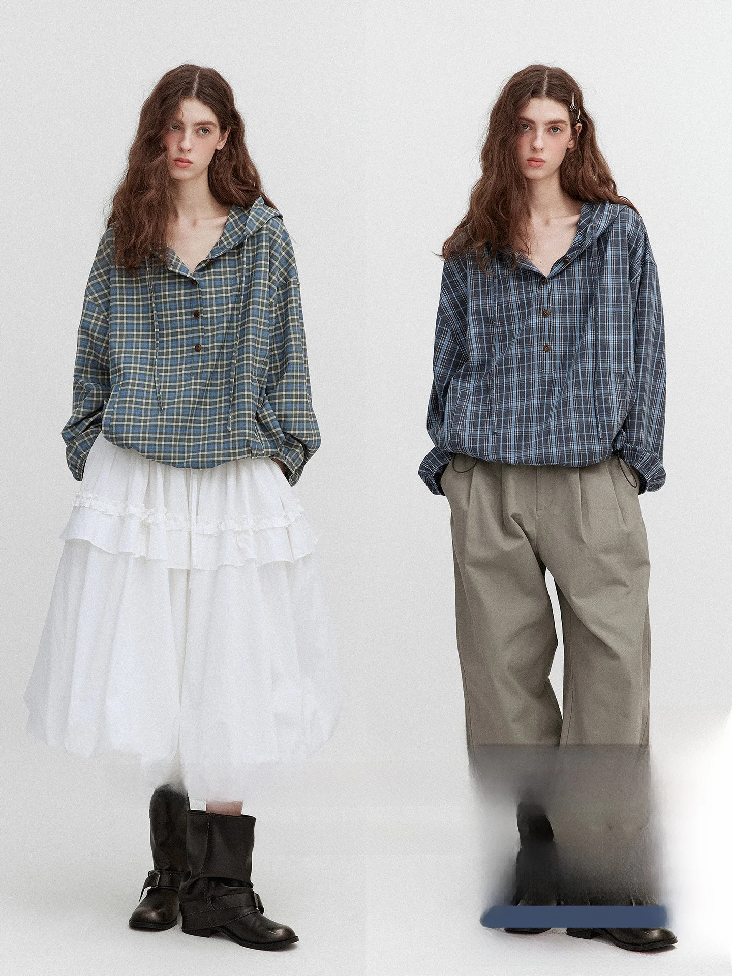 

Adjustable Loose Women's Shirt with Hat Nordic Vintage Plaid Drawstring Closure Long Sleeve Commute Style Polyester Fiber