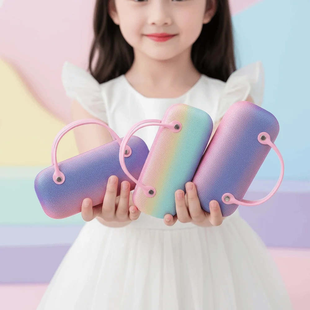 Estojo de Óculos Impermeável em PU com Alça Superior, Anti-Impacto, Formato Oval, com Glitter, Cores Vibrantes e Arco-Íris