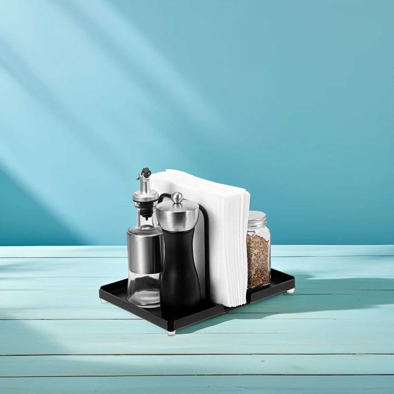 Modern Aluminum Napkin Rack Kitchen Organizer Spice Holder Condiment Caddy Vertical Storage Shelf Countertop Decor Flat Bottom