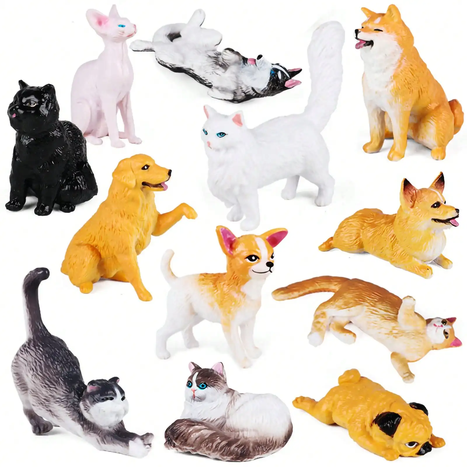 Figurinhas pequenas do cão e do gato, Figuras do brinquedo do filhote, Golden Retriever, Colie Husky, Shorthair Pug, Toppers do bolo, 12pcs