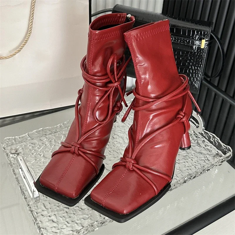 Eilyken Spring Autumn Design Cross- Strap Women Ankle Boots Punk Style Square Toe High Heels Zipper Booties Shoes