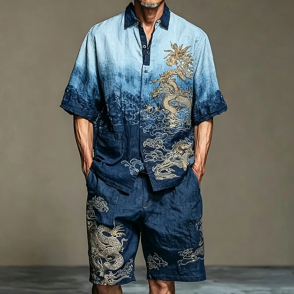 2026 Men's New Japanese Retro Minimalist Shirt 2-Piece Set with Colorful Golden Dragon Print Shirts - Party, Nightclub, Festival