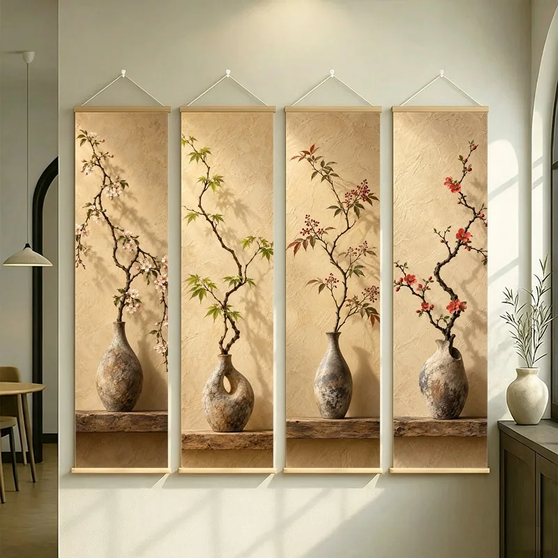 Wall Decor Nandina and Japanese Maple, Serene Wabi-Sabi Botanical Silver Shimmer Canvas Hanging Scroll for Boutique Hotel