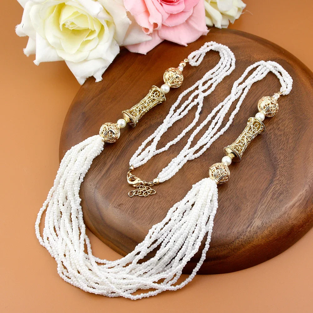 Sunspicems Multilayer Beads Chain Necklace for Women Algeria Moroccan Bride Wedding Jewelry Gold Color Caftan Choker Necklace