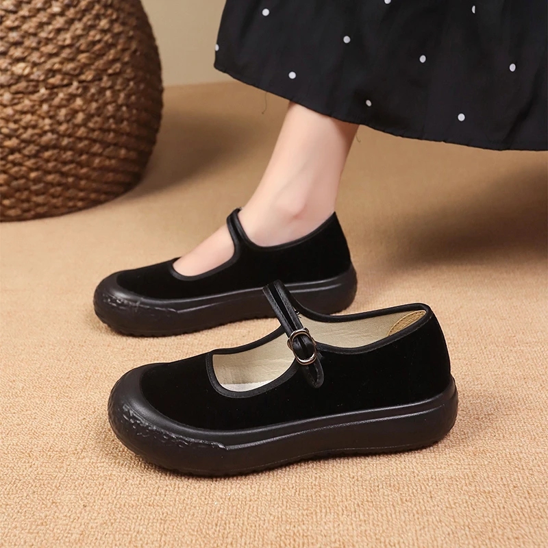 Women's Single Shoes Spring Autumnnew Thick Soled Round Head Suede Buckle Cloth Shoes Casual Simple Wear-resistant Oxford Shoes