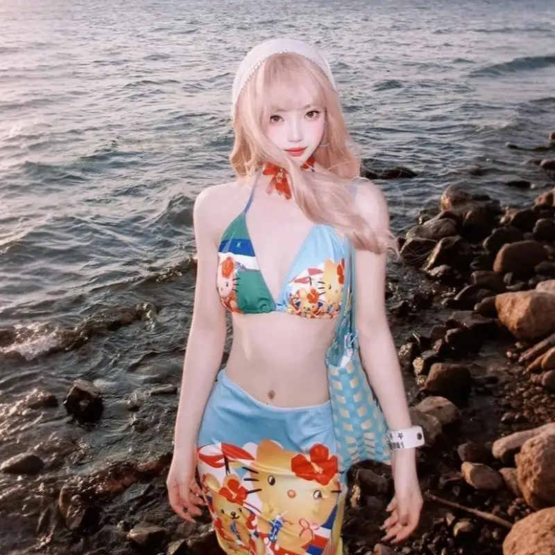 

Sanrio Hellokitty Swimsuit Girl Bathing In Hot Springs Without Water Bikini Covering Flesh and Belly Split Dress Three-Piece Set