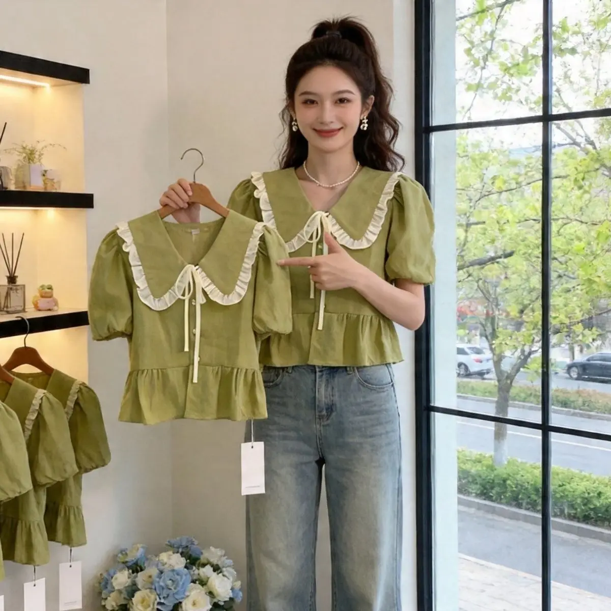 Korean Style Short Bubble Sleeve Doll Collar Shirt Summer New Design Fashionable Shirt Meat Covering Super Fairy Design Top