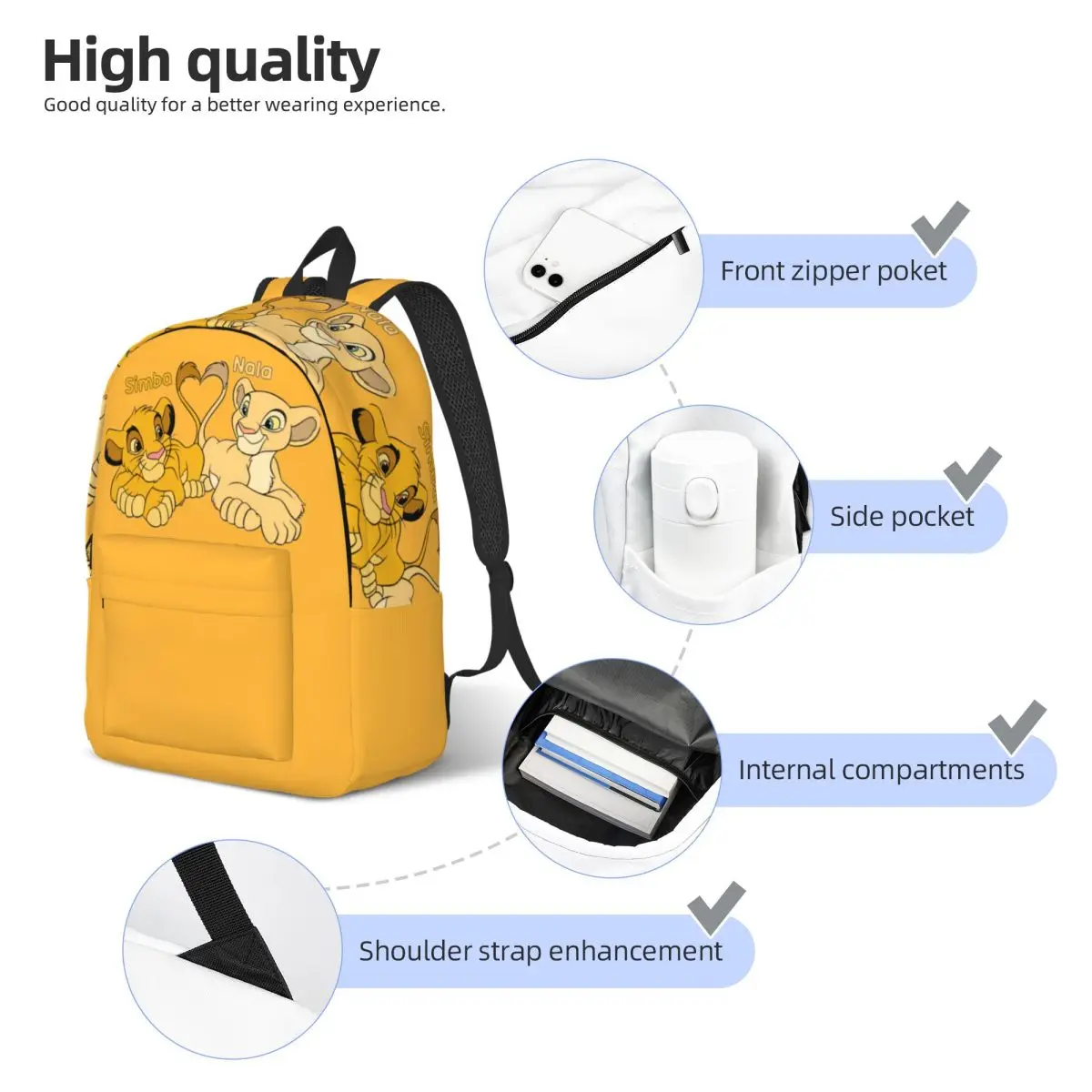 O Rei Leão Simba Nala Dos Desenhos Animados Mochila Clássica Esportes High School Caminhadas Daypack para Homens Mulheres Laptop Computador Bolsas de Lona