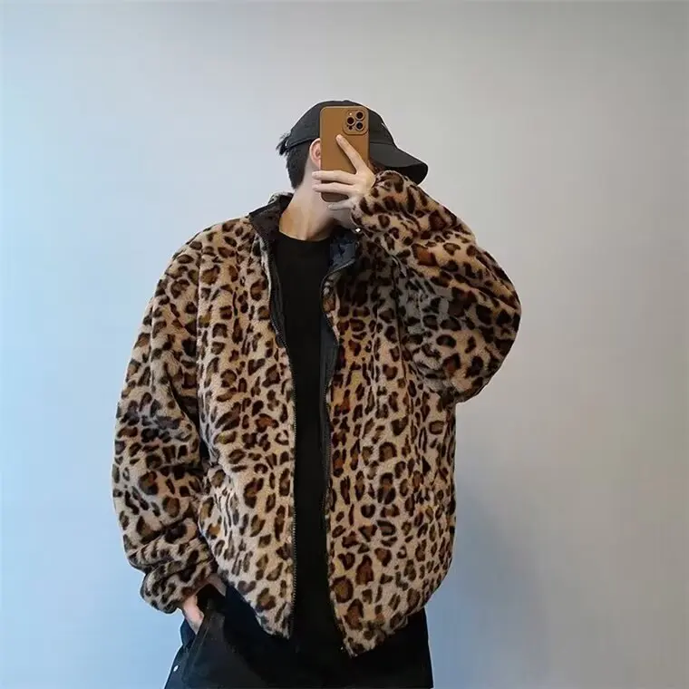 

Autumn Winter Man Jacket American Retro Leopard Print Turn Down Collar Male Coat Long Sleeve Zipper Two-sided Men Outerwear