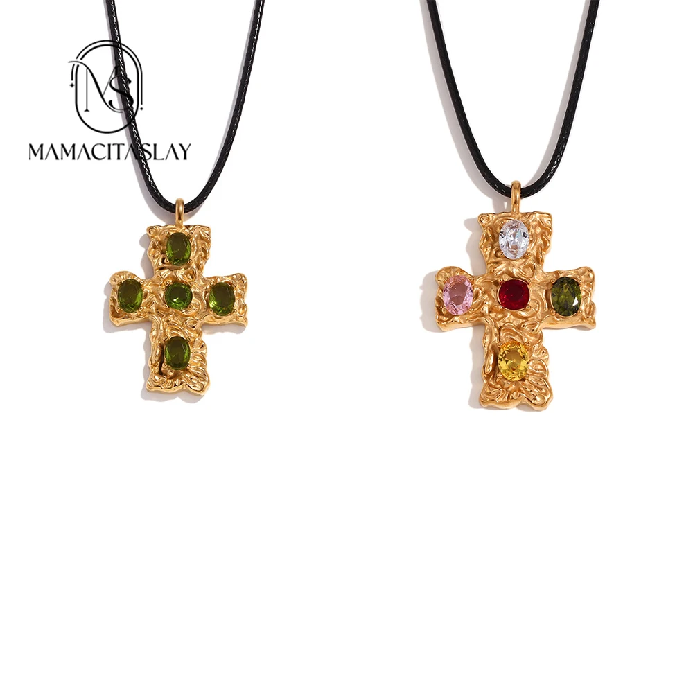 MamacitaSlay Vintage one piece Cross Pendant Green Rhinestone Black Rope necklace premium stainless steel jewelry Decoration