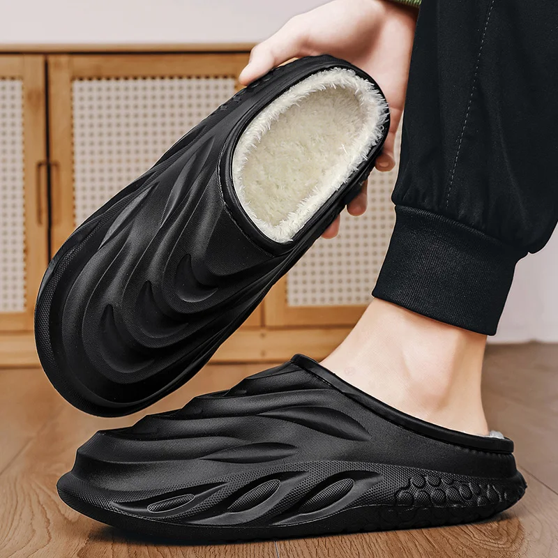 Winter Warm Men and Women Slippers EVA Waterproof Fleece Lined Slides Thick Sole Non‑slip Home Outdoor Mules Winter House Shoes