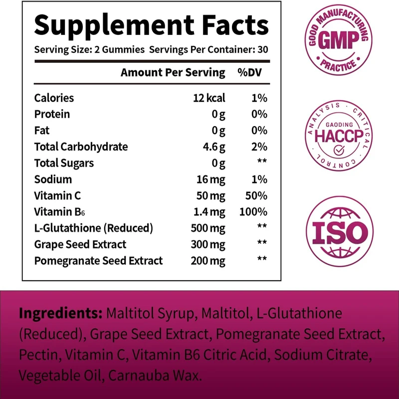 Glutathione gummies contain 500mg collagen, vitamin C, and B6, which support anti-aging and antioxidant properties