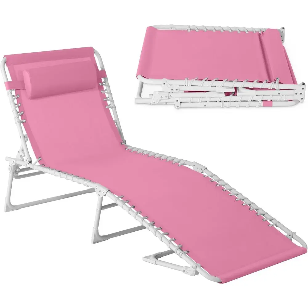 Patio Chaise Lounge Chair, Portable Outdoor olding Recliner or Lawn, w/ 8 Positions, Handles, 300lb acity - Carnation/White