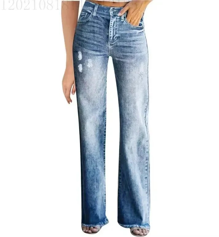 

Women's Spring and Autumn New Fashion Grab Straight Leg Jeans in The Waist Washed Raw Edge To Do Old Jeans Wide Leg Pants Y2k